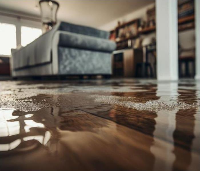 The interior of a house with standing water on the wood floors. 