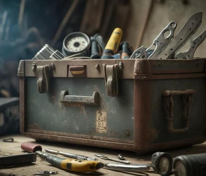 Old, rusted tools sit in a toolbox in a dimly lit shed.
