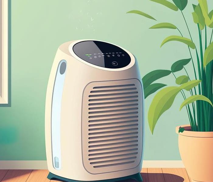 A dehumidifier illustration next to a house plant.