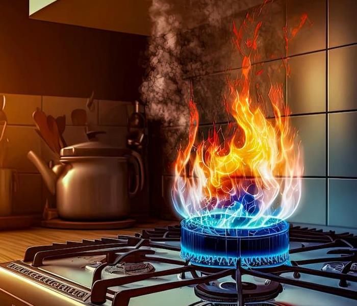 A tea kettle left on the stove too long catches fire.
