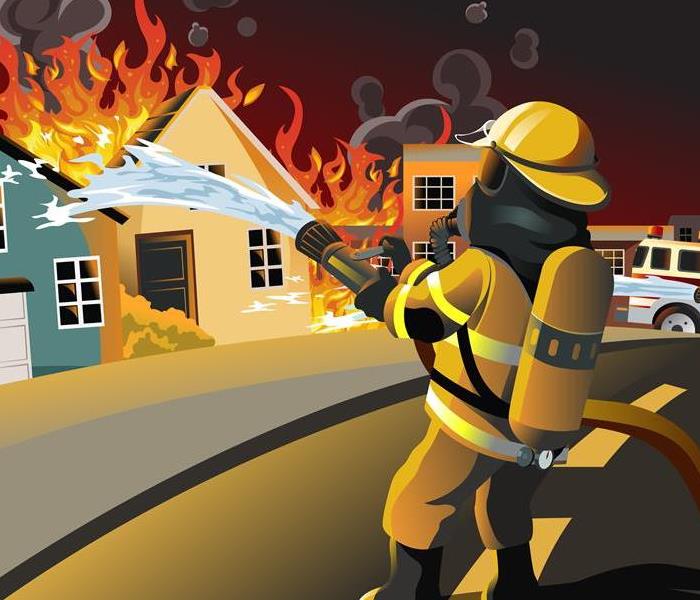 A cartoon image of firefighters hosing down a house in flames.