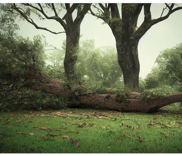 A downed tree in a wooded area after a storm.